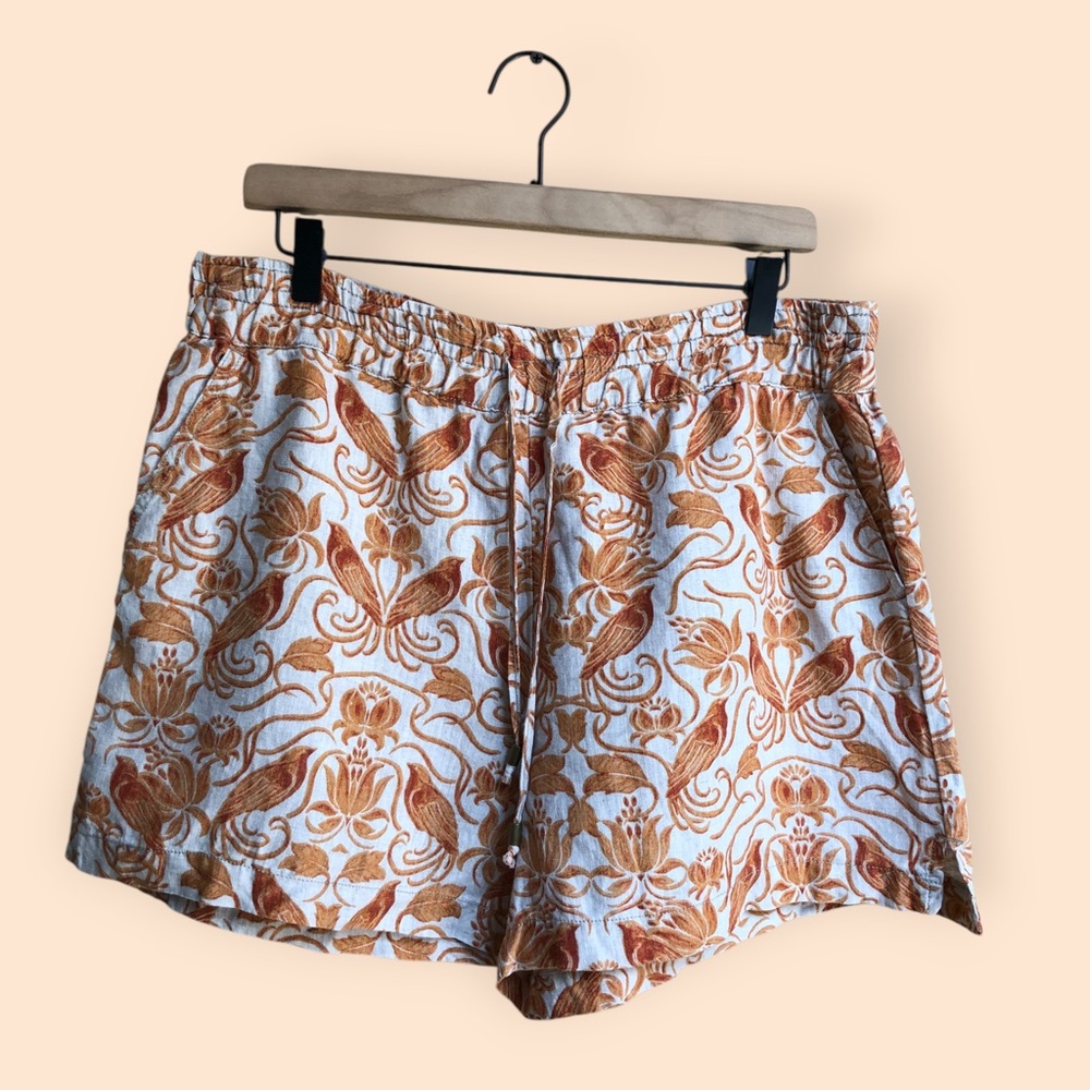 Anthropologie Jolene Linen Terracotta Floral Bird Print Summer Shorts Women’s M